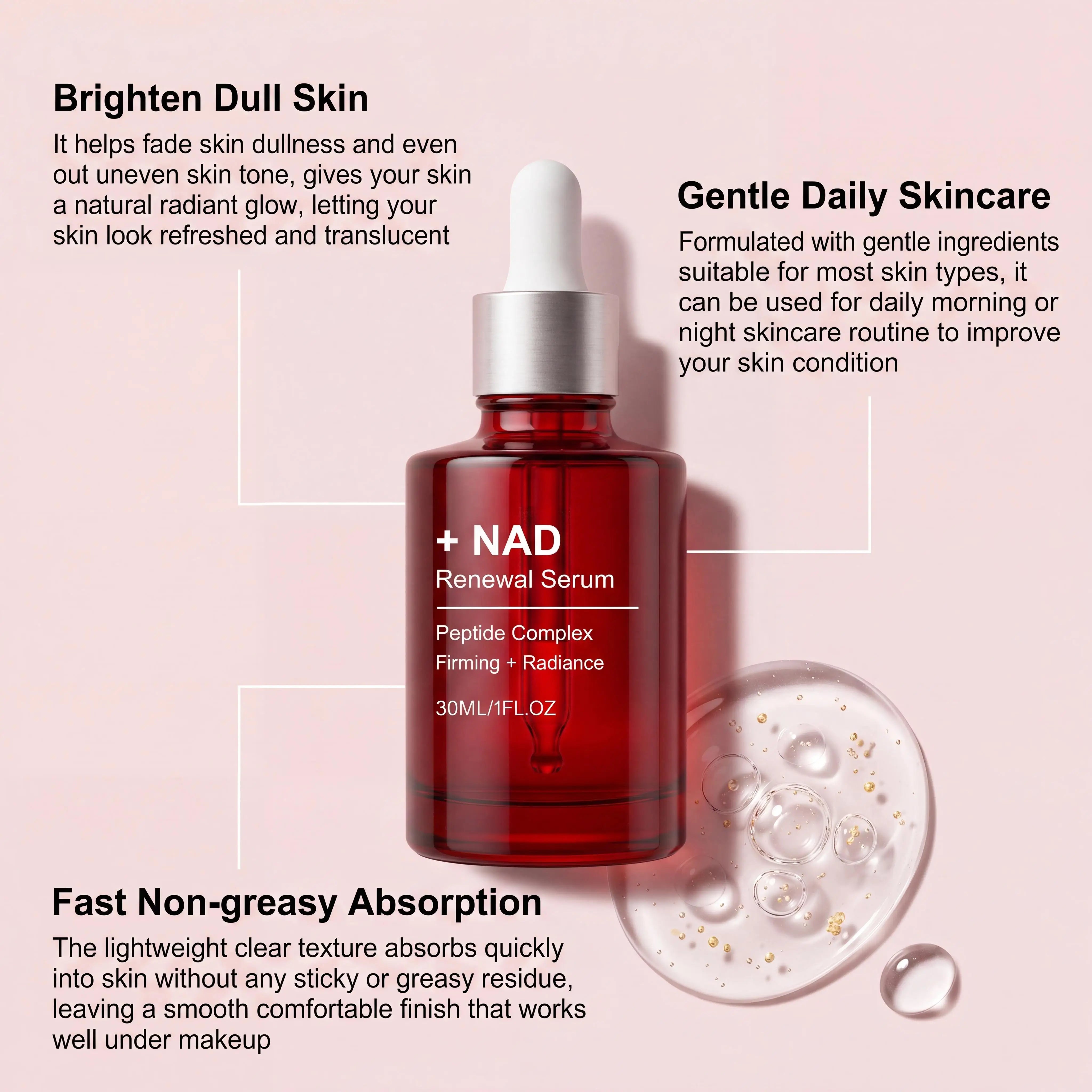 NAD Renewal Serum Peptide Complex Firming Brightening Anti Aging Hydrating Smooth Fine Lines Boosting Radiance Face Essence NAD Renewal Serum
