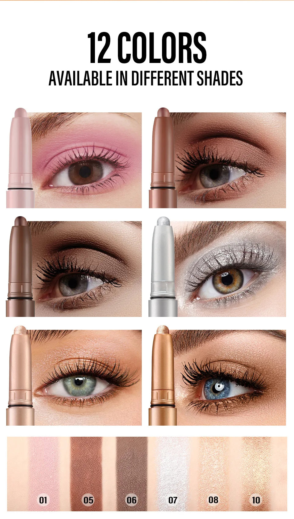 Shimmer & Matte Multi-Color Eyeshadow Sticks | Blendable, Long-Lasting Eye Shadow Pencils Smooth Application for Bold or Natural