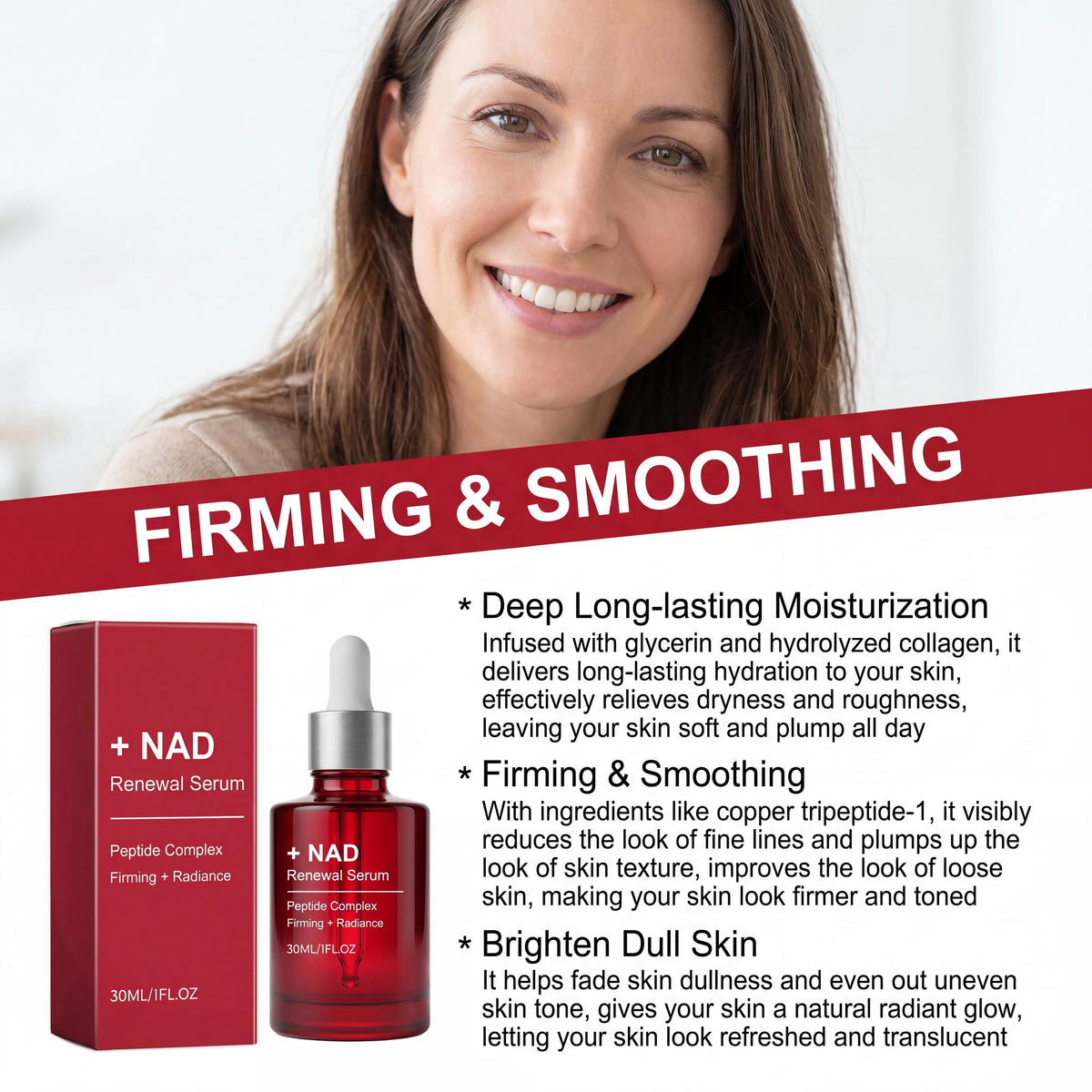 NAD Renewal Serum Peptide Complex Firming Brightening Anti Aging Hydrating Smooth Fine Lines Boosting Radiance Face Essence NAD Renewal Serum