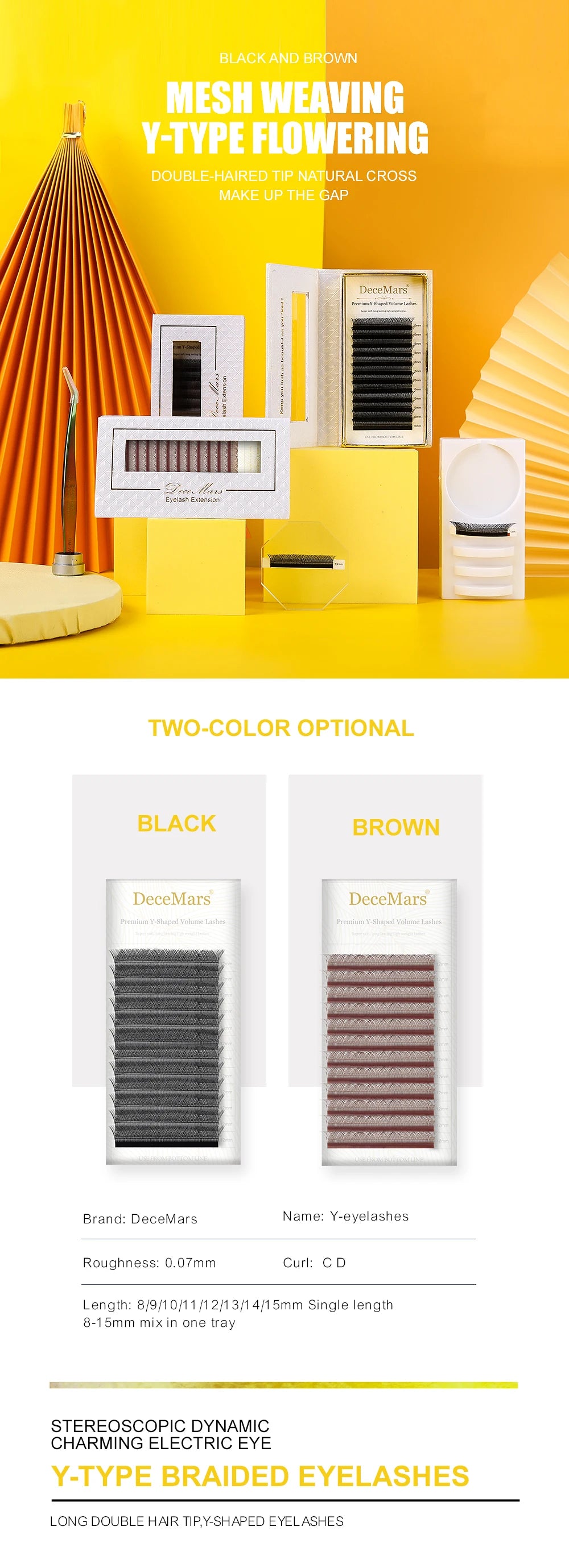 DeceMars YY Shape  Black Brown Eyelashes Extensions Two Tip Lashes C/D Curl  High Quality  Idividual