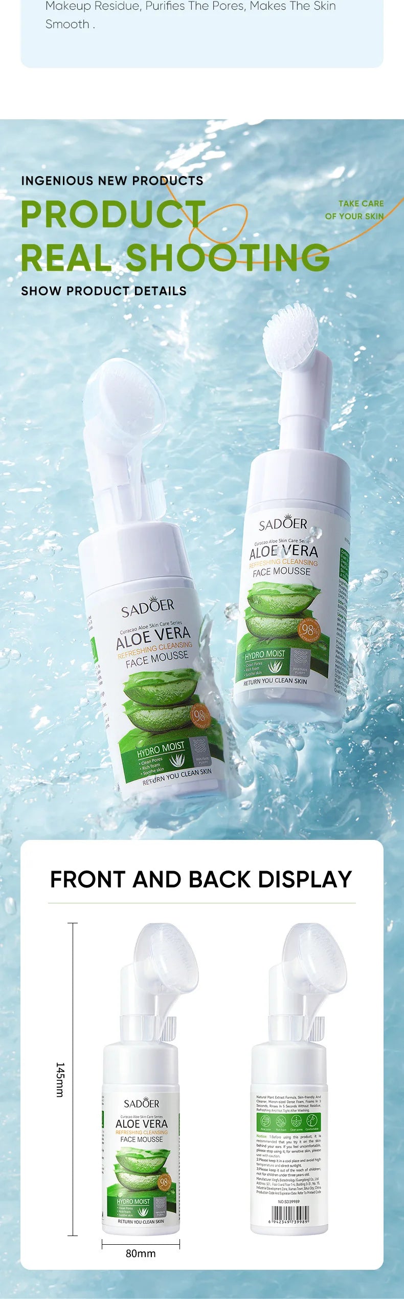 SADOER Aloe Facial Cleanser Massage Cleansing Mousse Moisturizing Deep Cleansing Anti-aigng Face Wash Foam Facial Cleanser