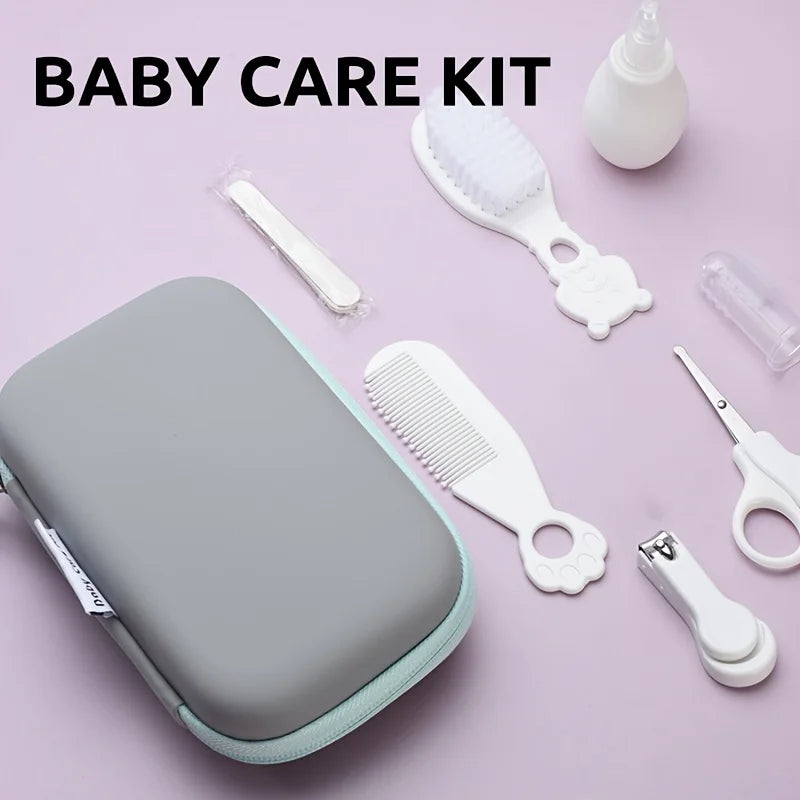 9pcs/pack Baby Grooming Kit with Travel Case, Safety Care Set with Feeding Dropper, Nose Cleaner, Nail Clippers, Comb, Brushes,