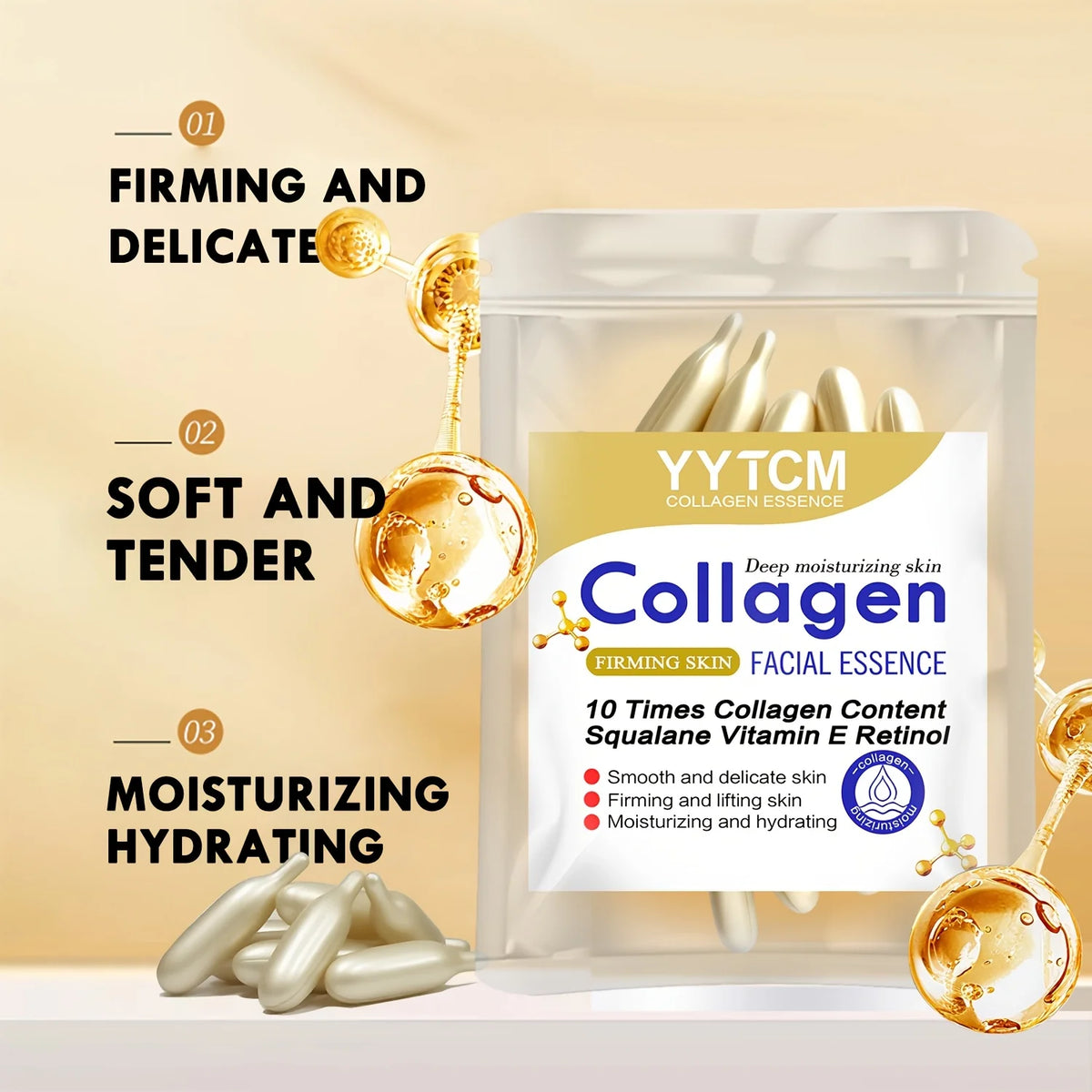Collagen Firming Capsule Serum, moisturizes and hydrates for smooth skin, contains plant-based squalane, retinol, and vitamin E for deep hydration (0.4g x 30 capsules)/bag - 1 bag