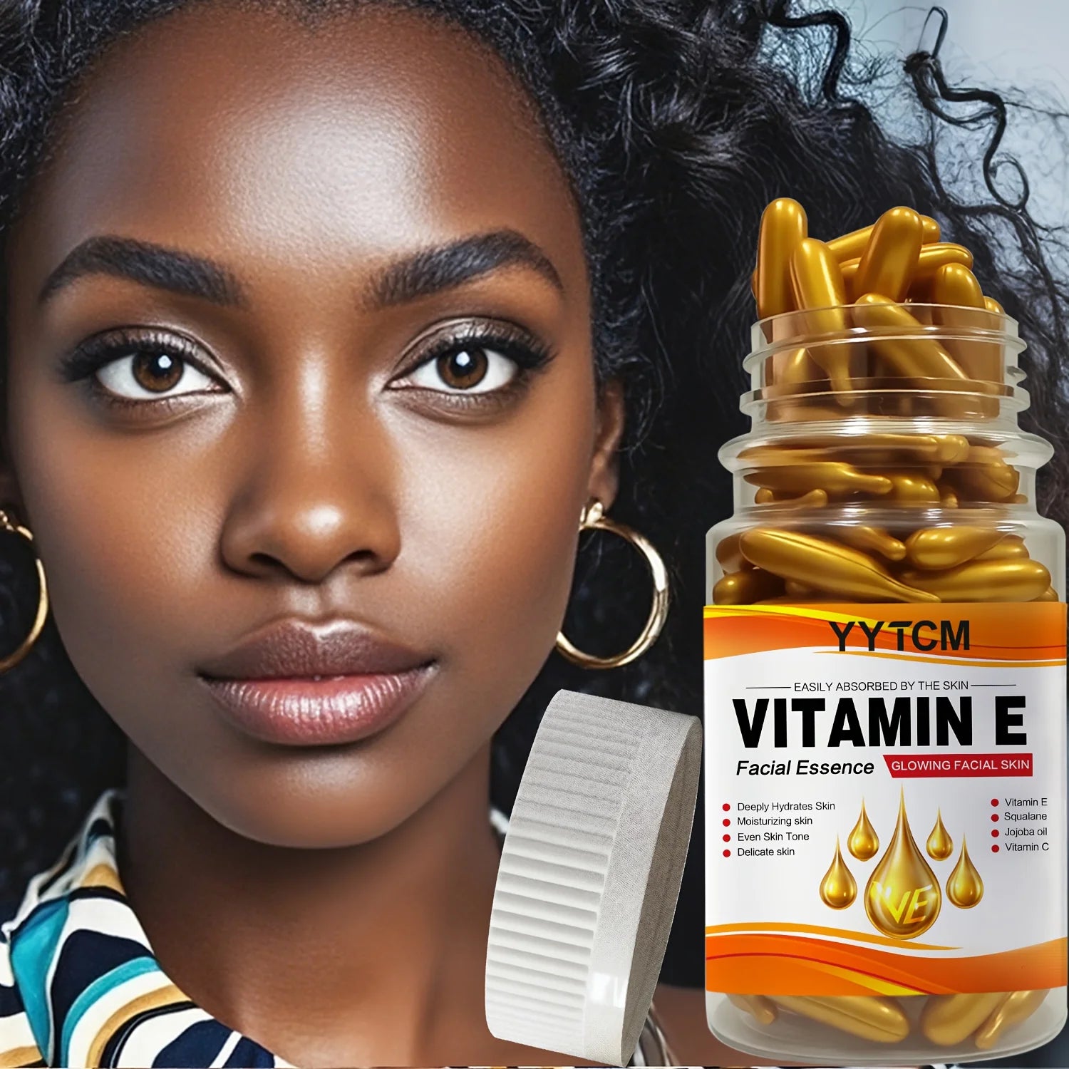Vitamin E Deep Moisturizing Capsule Essence, hydrates and smooths the skin, contains plant squalane, vitamin C, and deep moisturizing and brightening skin essence (0.4g x 90 capsules)/bottle - 1 bottle