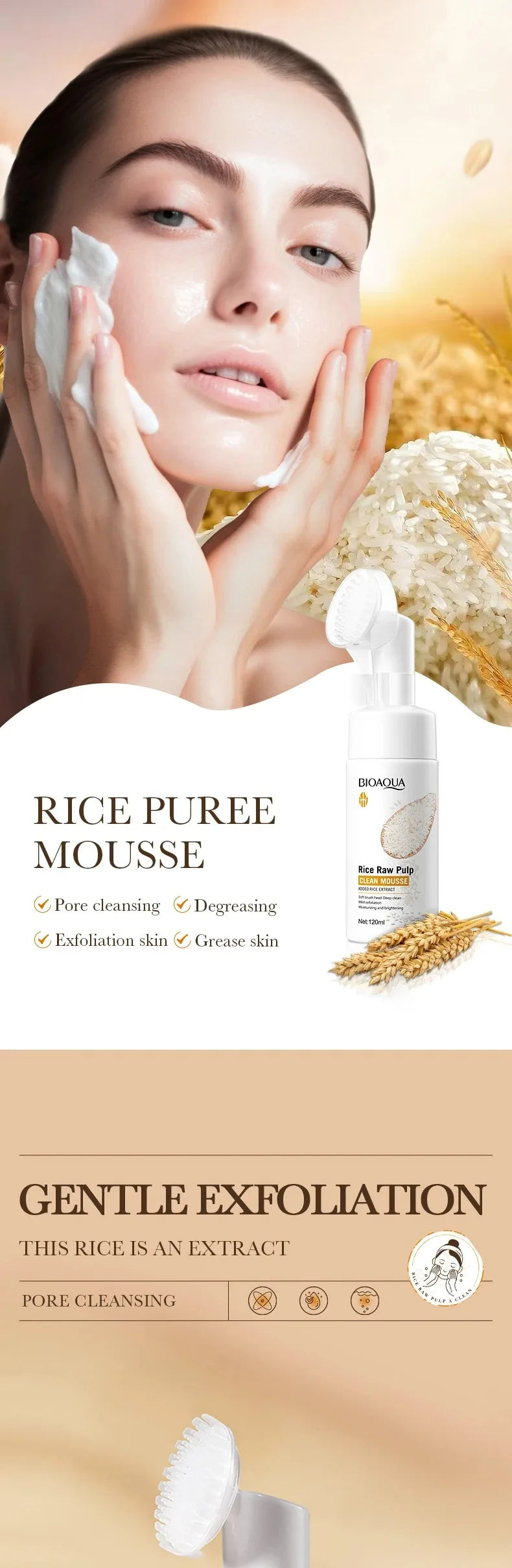 120ml Bioaoua Rice Puree Foaming Cleanser Cleansing Mousse Soothing Cleanser, Cleansing Foam with Brush Head