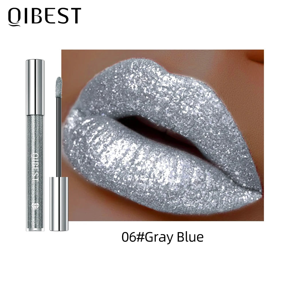 QIBEST Glitter Diamond Liquid Lipstick Waterproof Long Lasting Pearl Shiny Lip Gloss Metal Charming Women Lip Makeup 6 Colors