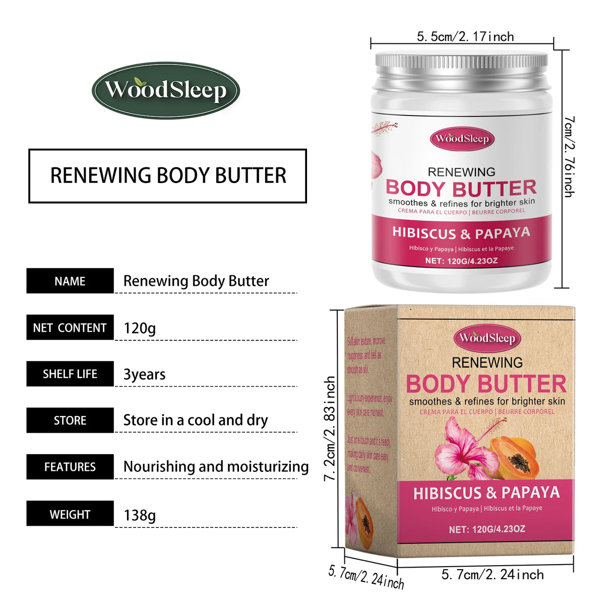 Woodsleep Coconut Body Butter Cream Long Lasting Smooth Skin Firming Anti Crack Honey Mango Papaya Moisturizing Body Cream 120g