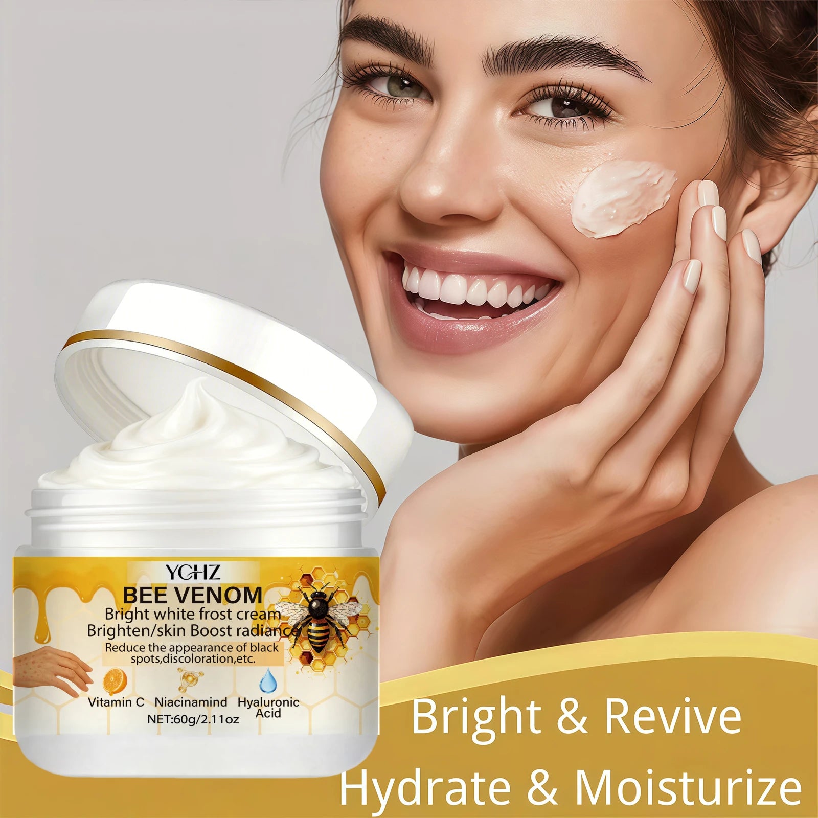 Bee Venom Brightening Cream, Evens Out Skin Tone, Eliminates Dark Spots and Dullness - Non-Greasy, Suitable for Both Men and Women - Whitening and Moisturizing Cream, for Day and Night Use - 60g