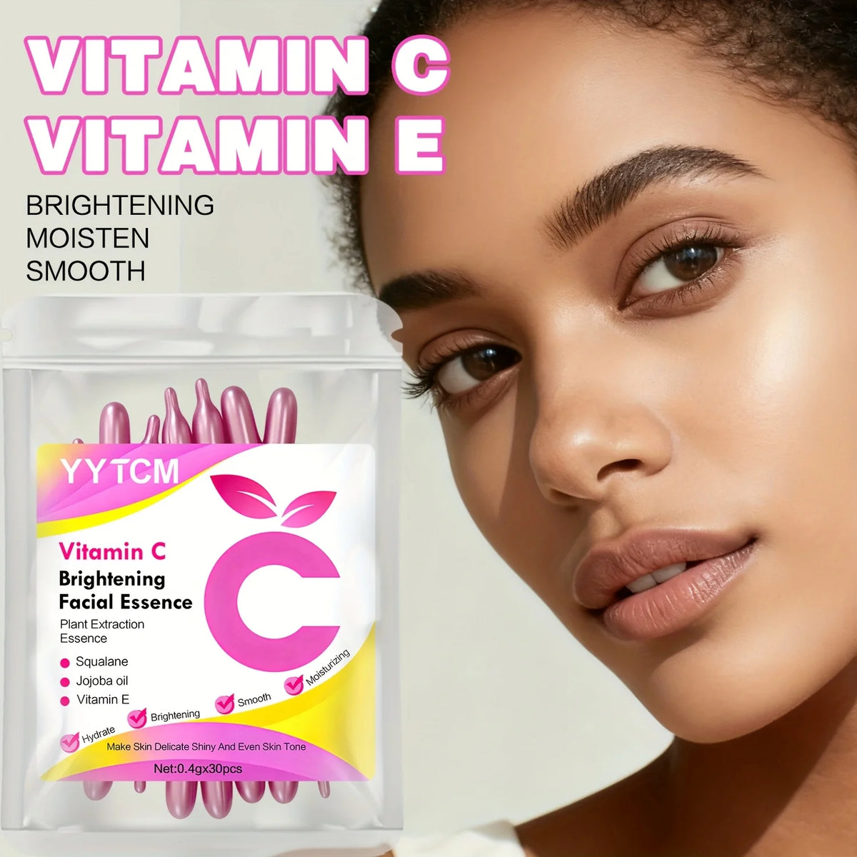 Vitamin C Brightening Skin Moisturizing Capsule Serum, hydrates and smooths the skin, contains plant squalane, vitamin E, magnolia oil, and jojoba seed oil for deep hydration and skin brightening (0.4g x 30 capsules)/bag-1 ba