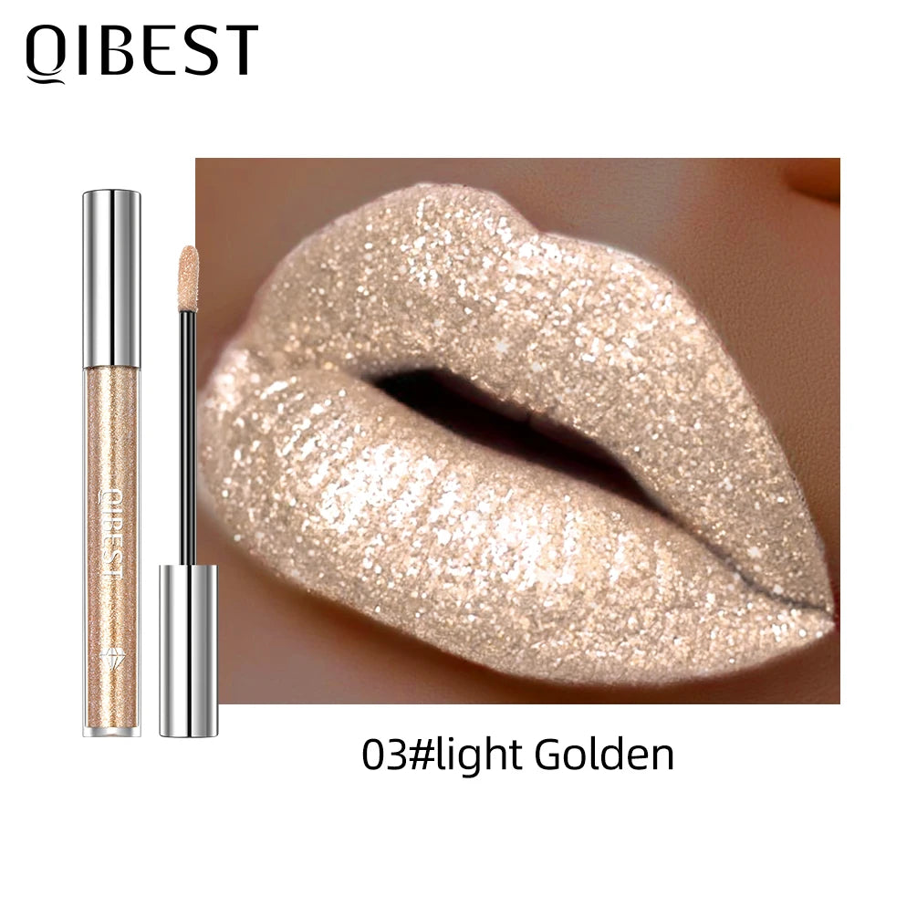 QIBEST Glitter Diamond Liquid Lipstick Waterproof Long Lasting Pearl Shiny Lip Gloss Metal Charming Women Lip Makeup 6 Colors