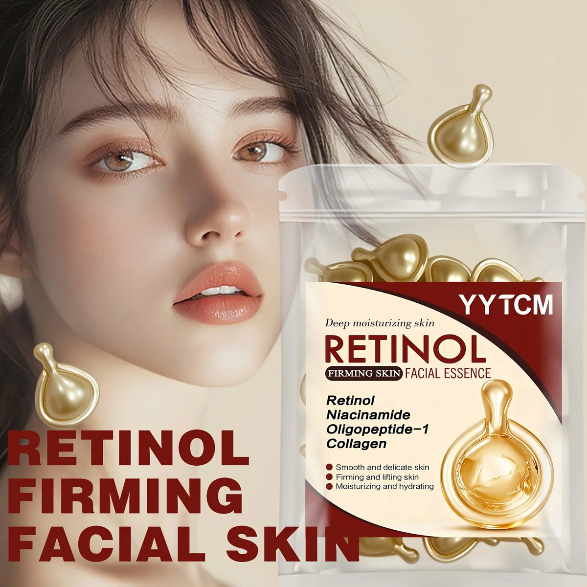 Retinol Firming Facial Moisturizing Essence Capsules, Retinol Facial Essence, Contains Hydrolyzed Collagen, Niacinamide, Deep Moisturizing (0.5Gx30 Capsules)/Bag-1 Bag