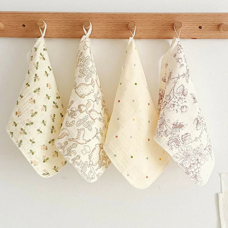 5Pcs Baby Gauze Saliva Wipes, Soft Face Wipes for Newborns, Soft and Skin-Friendly - Washable and Reusable, Cute Printed Multi-Purpose Small Square Towels!
