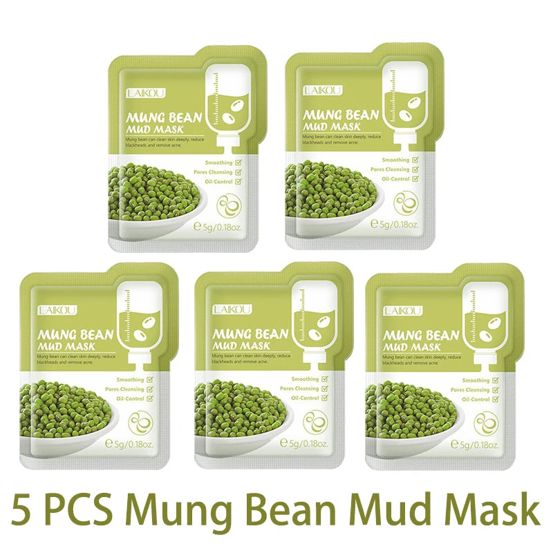 LAIKOU 5pcs Mud Mask Clay Mask Sakura Matcha Eggplant Tea Tree Mung Bean Oil-Control Deep Cleansing Repairing Facial Skin Care