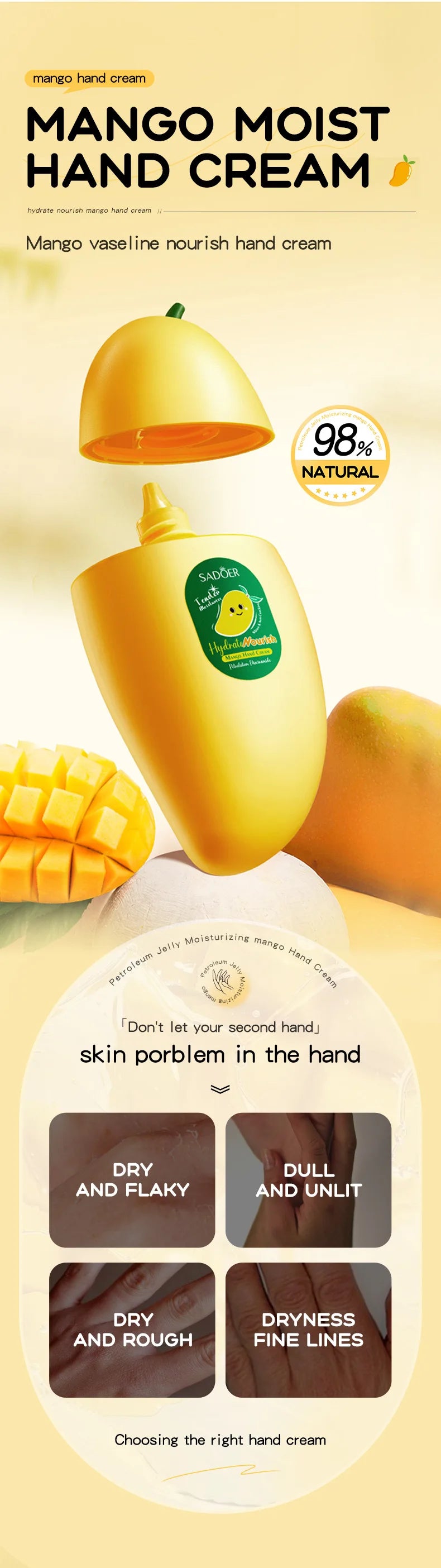 SADOER Mango Peach Aloe Vera Lemon Fruit Hand Cream Moisturizing Brightening Repairing Hand Creams For Hands Skin Care