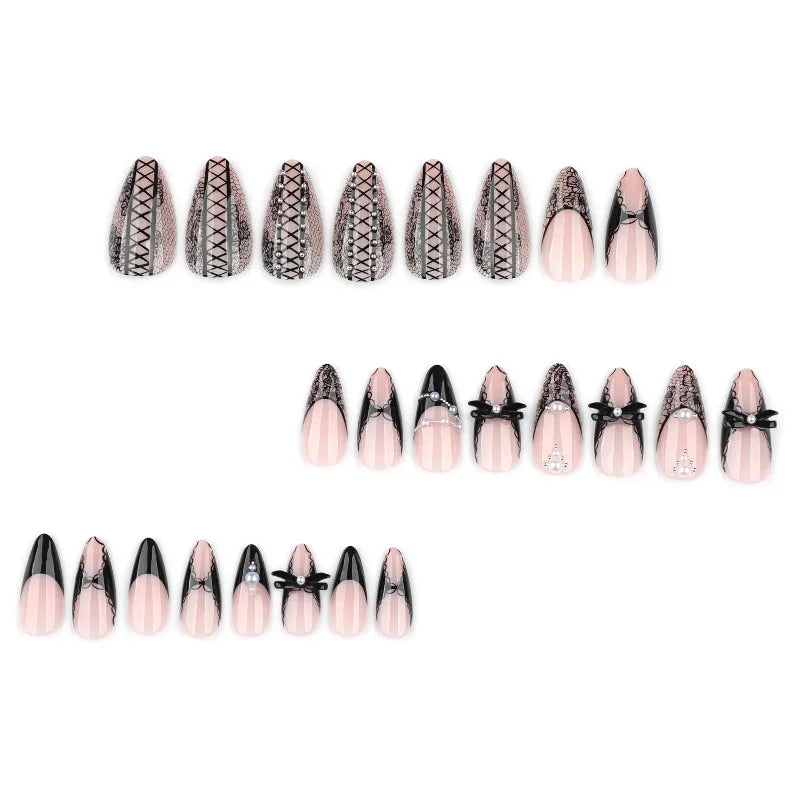 Black Cool Fake Nails Halloween Bat Press on Nails Almond Decorated Nail Tips Rivet Bow False Nails 24pcs Reusable Acrylic Nails