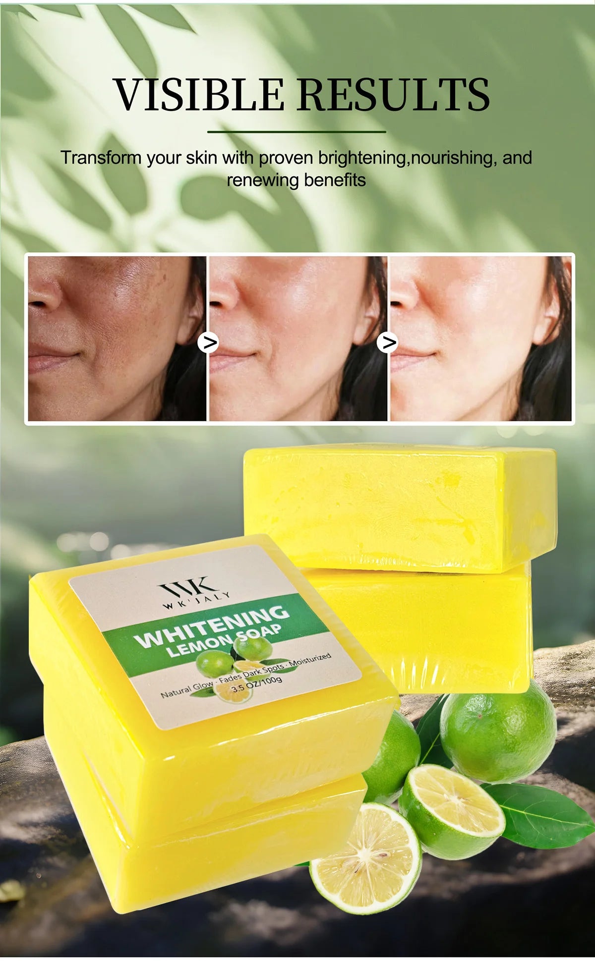 WK JALY Whitening Lemon Soap, Natural Glow, Fade Dark Spots, Moisturized, With Glutathione, Shea Butter Oil, For Face And Body