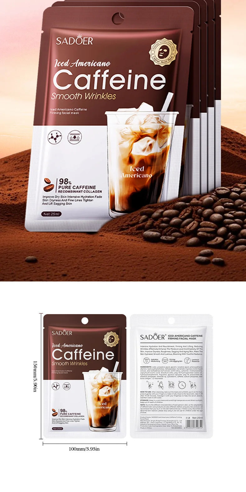 SADOER Caffeine Face Mask Anti Wrinkles Moisturizing Hydrating Anti-aging Facial Masks Face Sheet Mask Skin Care Products