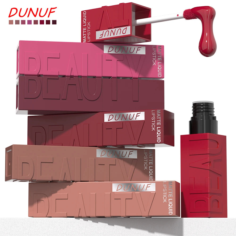 DUNUF 8-Color Matte Velvet Smooth Easy-to-Apply Square Tube Lip Gloss Waterproof Three-Dimensional Plumping Lipstick