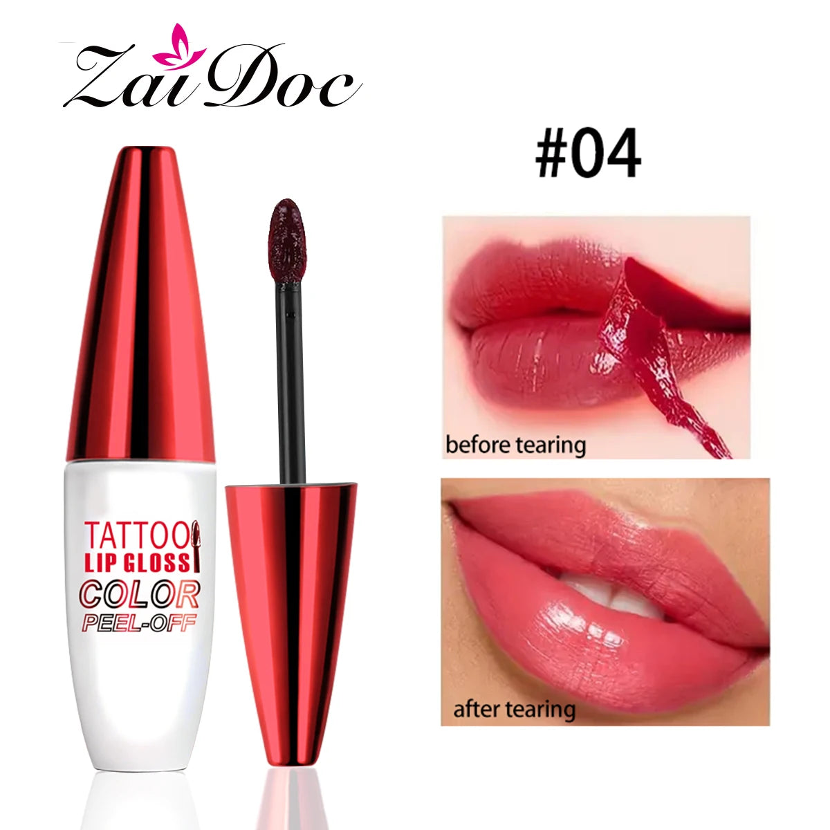 ZaiDoc Peel Off Lip Stain Tint Set 4 Colors Long Lasting Waterproof Transfer Proof Matte Finish Lip Gloss 10g Each