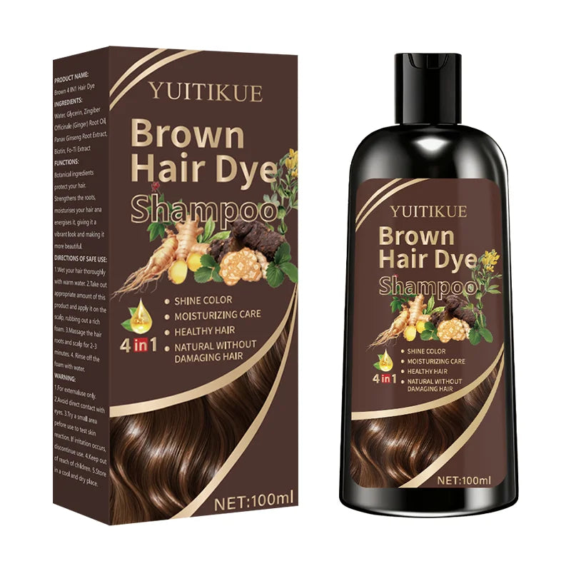 YUITIKUE Brown Hair Dye Shampoo 100ml - Plant Extract Formula, Covers Gray Hair, Natural Color, No Damage, 4-in-1 Care
