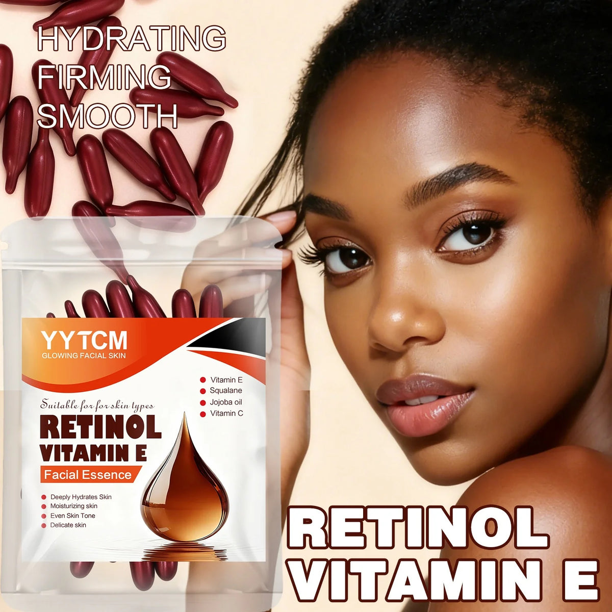 Retinol Vitamin E Deep Moisturizing Capsule Essence, Hydrates, Firms, and Smooths Skin, Contains Plant-Based Squalane, Vitamin C, Deep Moisturizing and Brightening Skin Essence (0.4Gx30 Capsules)/Pack-1 Pack