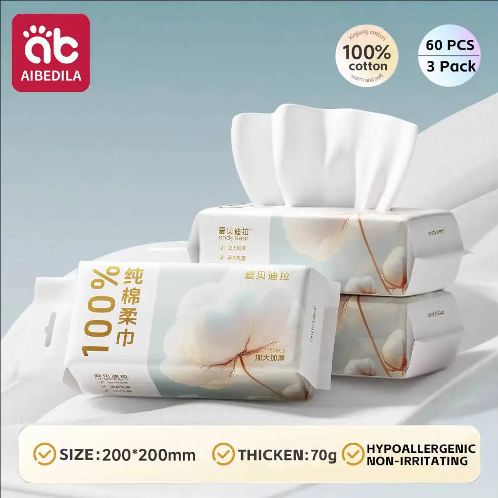 Newborn Baby Cotton Dry Wipes Unscented Hypoallergenic 3-In-1 Clean Care Protect Thick Sensitive Skin Facial Towels for Infants