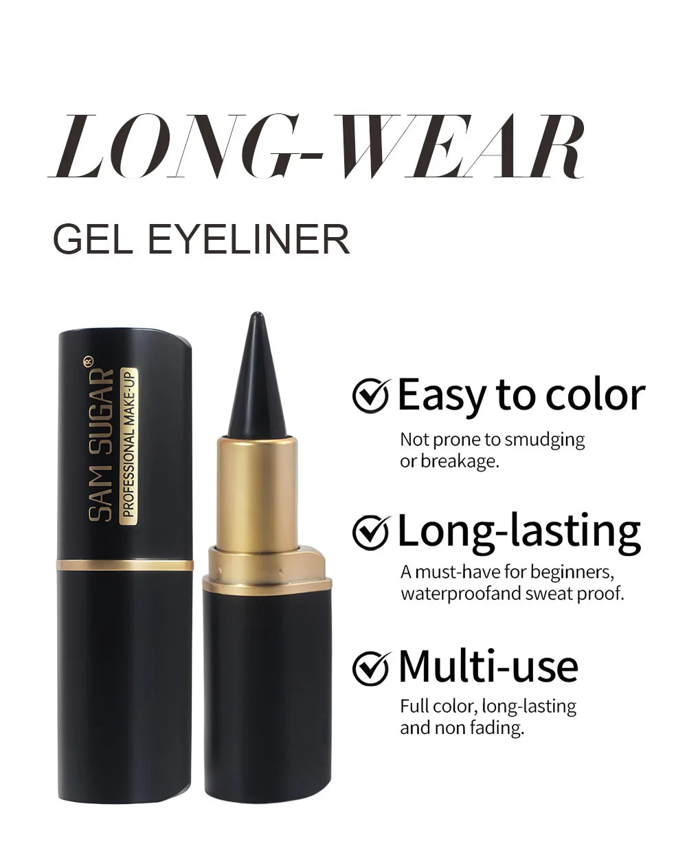 Black Waterproof Eyeliner Pen Long Lasting 24H Smudge Proof Gel Makeup Highlighter For Smokey Eye Look Fast Drying