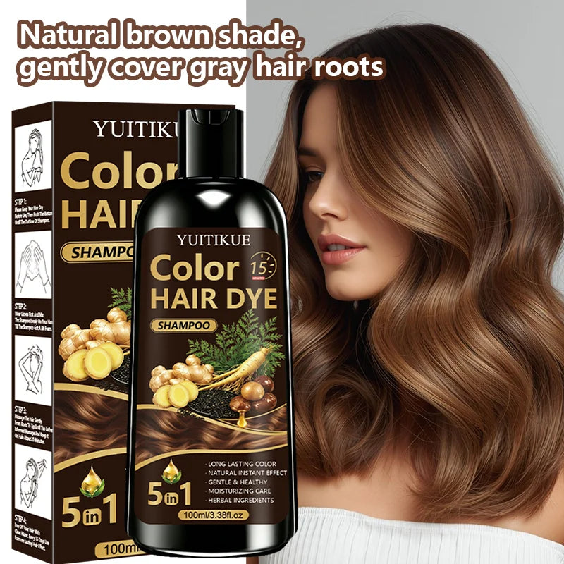 YUITIKUE Instant Hair Color Shampoo 100ml 5‑IN‑1 Herbal Extract Moisturizing Gentle Long Lasting Cover Grey Hair For Home Dye