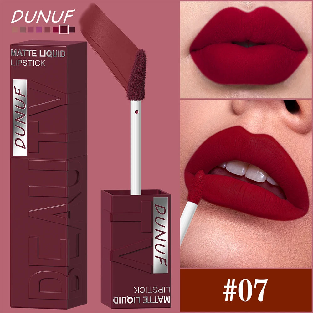 DUNUF Matte Velvet Lip Gloss, 3D Plumping & Waterproof, Square Tube Lipstick, Easy Application, 8 Shades (All-in-One)