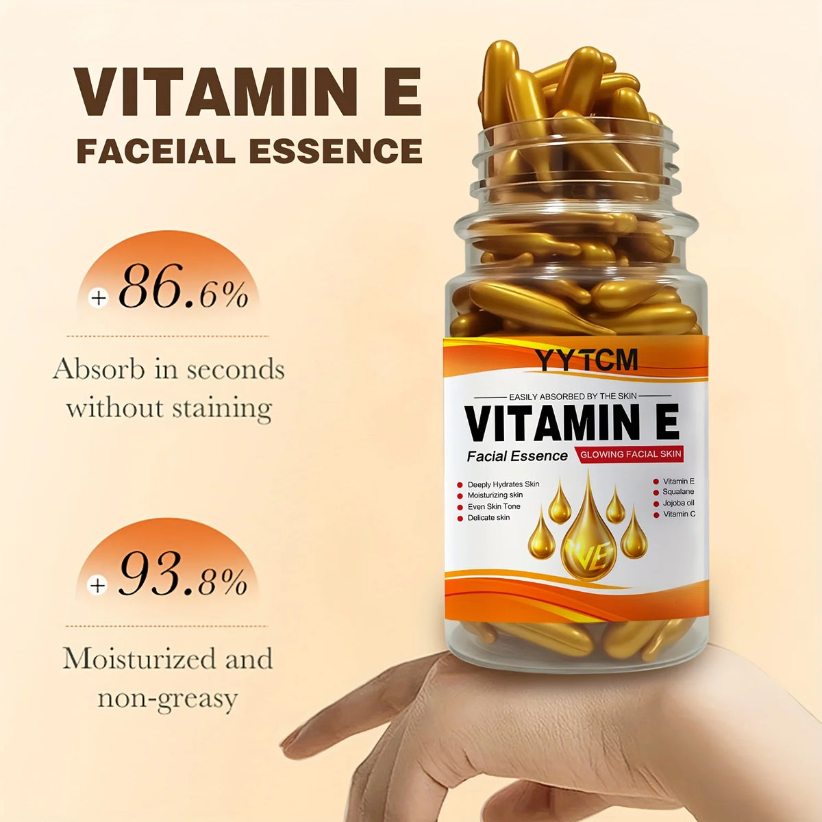 Vitamin E Deep Moisturizing Capsule Essence, hydrates and smooths the skin, contains plant squalane, vitamin C, and deep moisturizing and brightening skin essence (0.4g x 90 capsules)/bottle - 1 bottle
