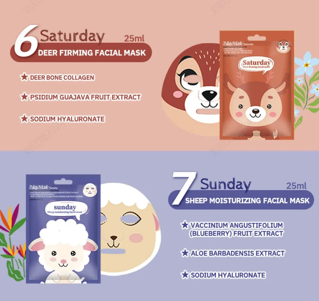 7 Styles Animal Face Mask Set Funny Panda Dog Pig Hydrating Sheet Mask for Spa Party Cute Skincare Gift for Women Girls 1/7PCS