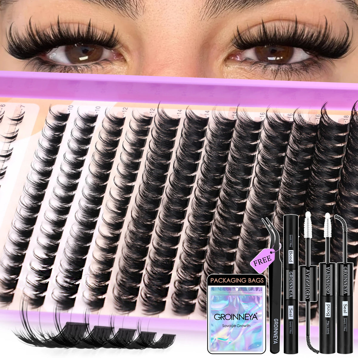 GROINNEYA Manga Lash Clusters Kit Fluffy 3D Mink Faux Cluster Lashes Kit Lashes Extension with Bond and Seal Makeup Kit
