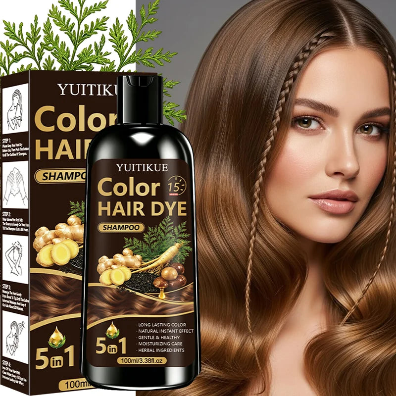 YUITIKUE Instant Hair Color Shampoo 100ml 5‑IN‑1 Herbal Extract Moisturizing Gentle Long Lasting Cover Grey Hair For Home Dye