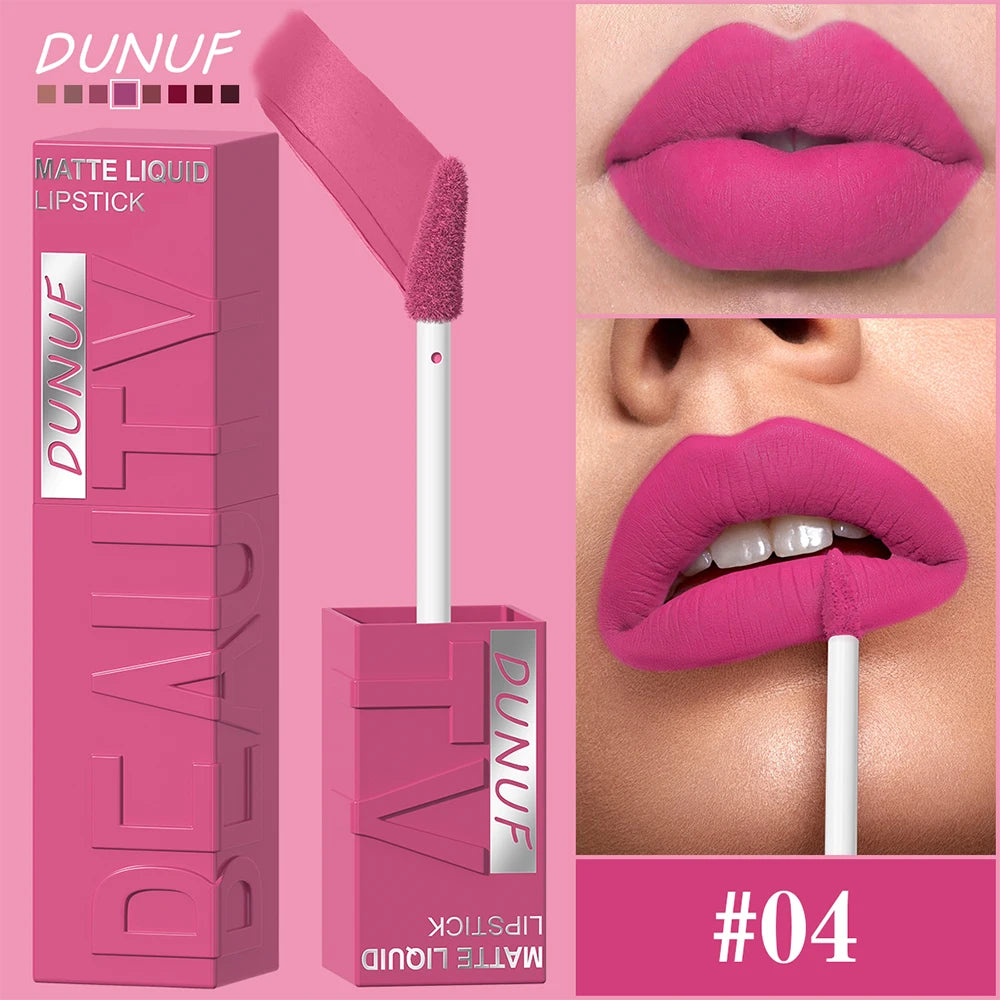 DUNUF Matte Velvet Lip Gloss, 3D Plumping & Waterproof, Square Tube Lipstick, Easy Application, 8 Shades (All-in-One)