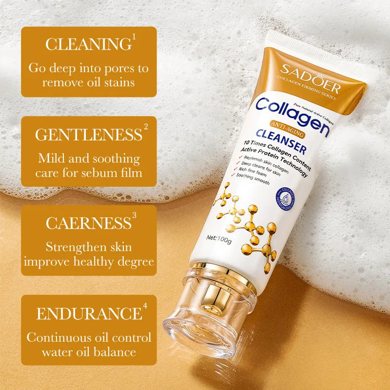 SADOER Collagen Facial Cleanser Moisturizing Anti-aging Anti Wrinkles Face Cleansing Face Wash Foam Cleanser Skin Care Products
