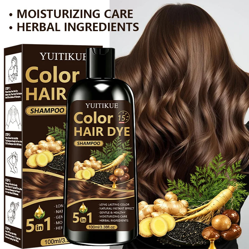 YUITIKUE Instant Hair Color Shampoo 100ml 5‑IN‑1 Herbal Extract Moisturizing Gentle Long Lasting Cover Grey Hair For Home Dye