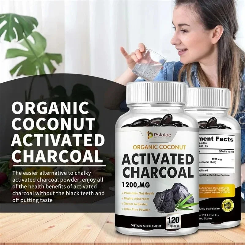 Activated Charcoal Capsules 1200 Mg - Organic Coconut Shell, Helps Relieve Gas & Bloating, Detox & Bowel, Digestive Supplement