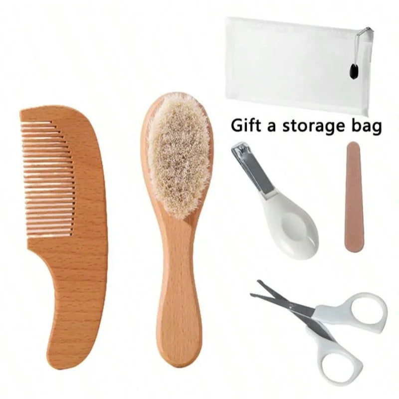 Baby Brush Set - Newborn Scalp Cleaning Soft Hairbrush - Beechwood Bathing and Massaging Nail Clippers - Nail Shears - Nail File