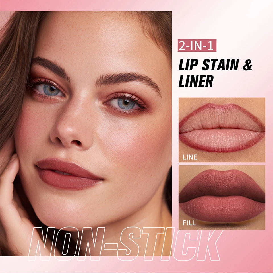 Waterproof 2 In 1 Lip Stain And Liner Pen Long Lasting Smudge Proof Kiss Proof Transfer Resistant 8 Colors Makeup Lip Pencil