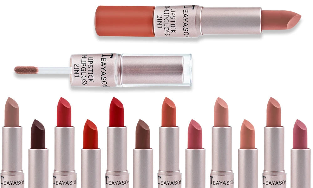1Pc Long Lasting Velvet Matte Lipstick Double Head Lip Gloss Non-stick Cup Lip Gloss Waterproof 2 in 1 Matte Red Lipstick Makeup