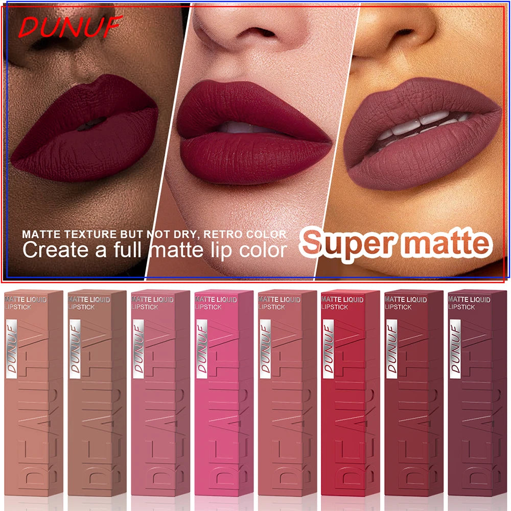 DUNUF 8-Color Matte Velvet Smooth Easy-to-Apply Square Tube Lip Gloss Waterproof Three-Dimensional Plumping Lipstick