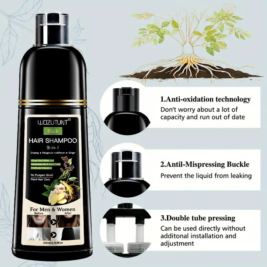 200ml 3 In 1 Natural Herbal Hair Dye Shampoo Black Dark Brown Cover Gray Deep Nourishing Fast Hair Coloring Cream for Women Men