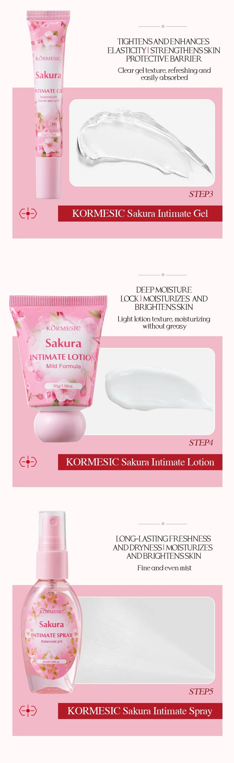 Sakura Women's Intimate Care 5-Piece Set, Product Includes: Private Area Cleansing Liquid, Essence, Gel, Lotion, Spray, Gentle Cleansing, Balances the Environment, Long-Lasting Freshness, and a More Firm and Smooth Light Beig
