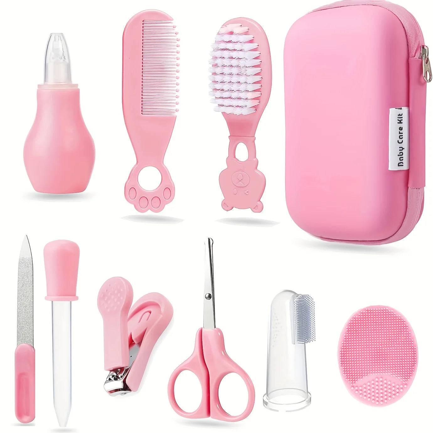 9pcs/pack Baby Grooming Kit with Travel Case, Safety Care Set with Feeding Dropper, Nose Cleaner, Nail Clippers, Comb, Brushes,