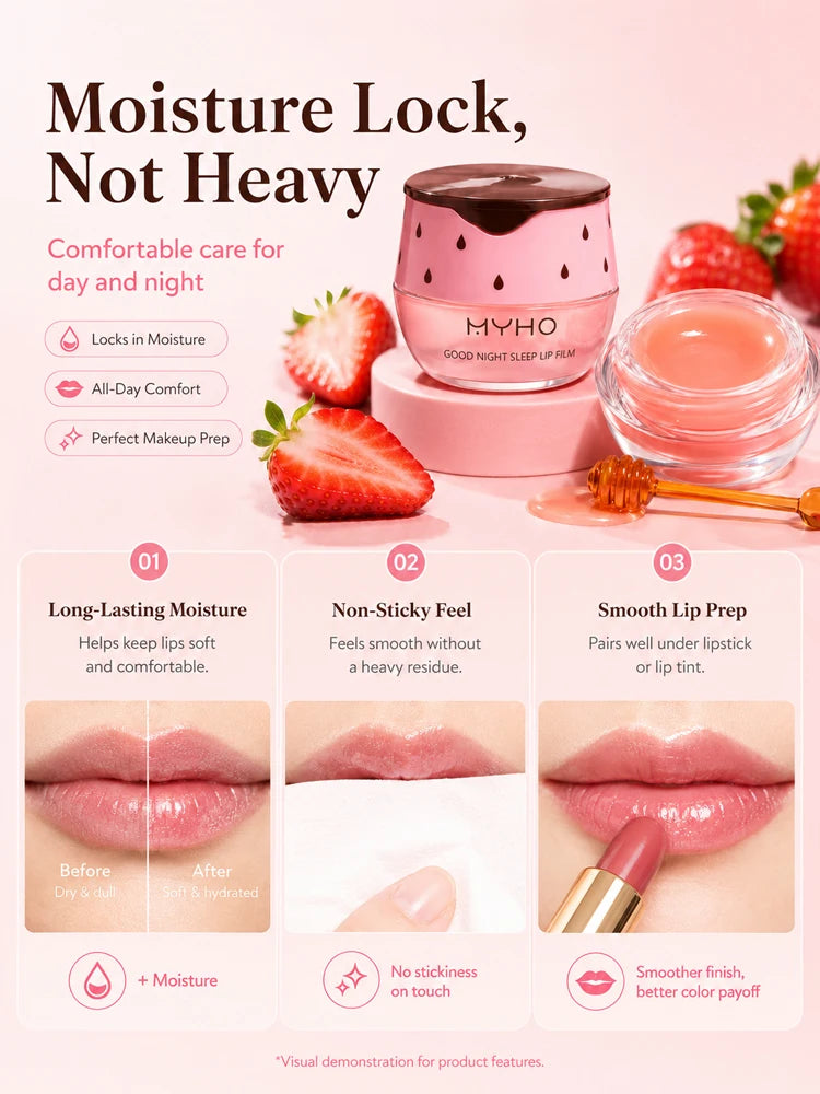 MYHO Strawberry Lip Sleeping Mask Overnight Repair Balm Hydrating Moisturizing Jelly Lip Care Non-Sticky Gloss with Applicator