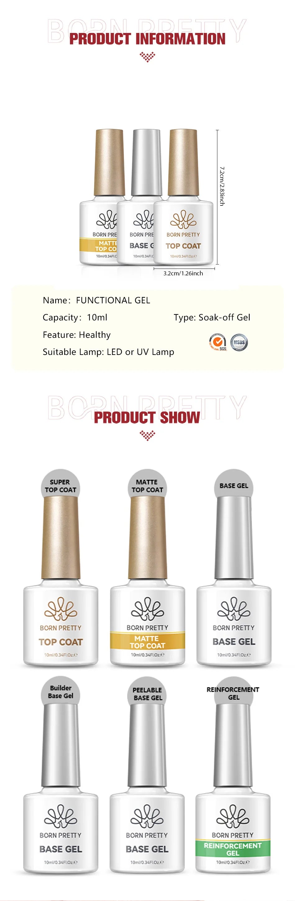 BORN PRETTY 10ml Base Gel Top Coat Rubber Gel Reinforcement Gel for Nails Tools Soak Off UV LED Nail Varnish Function Gel