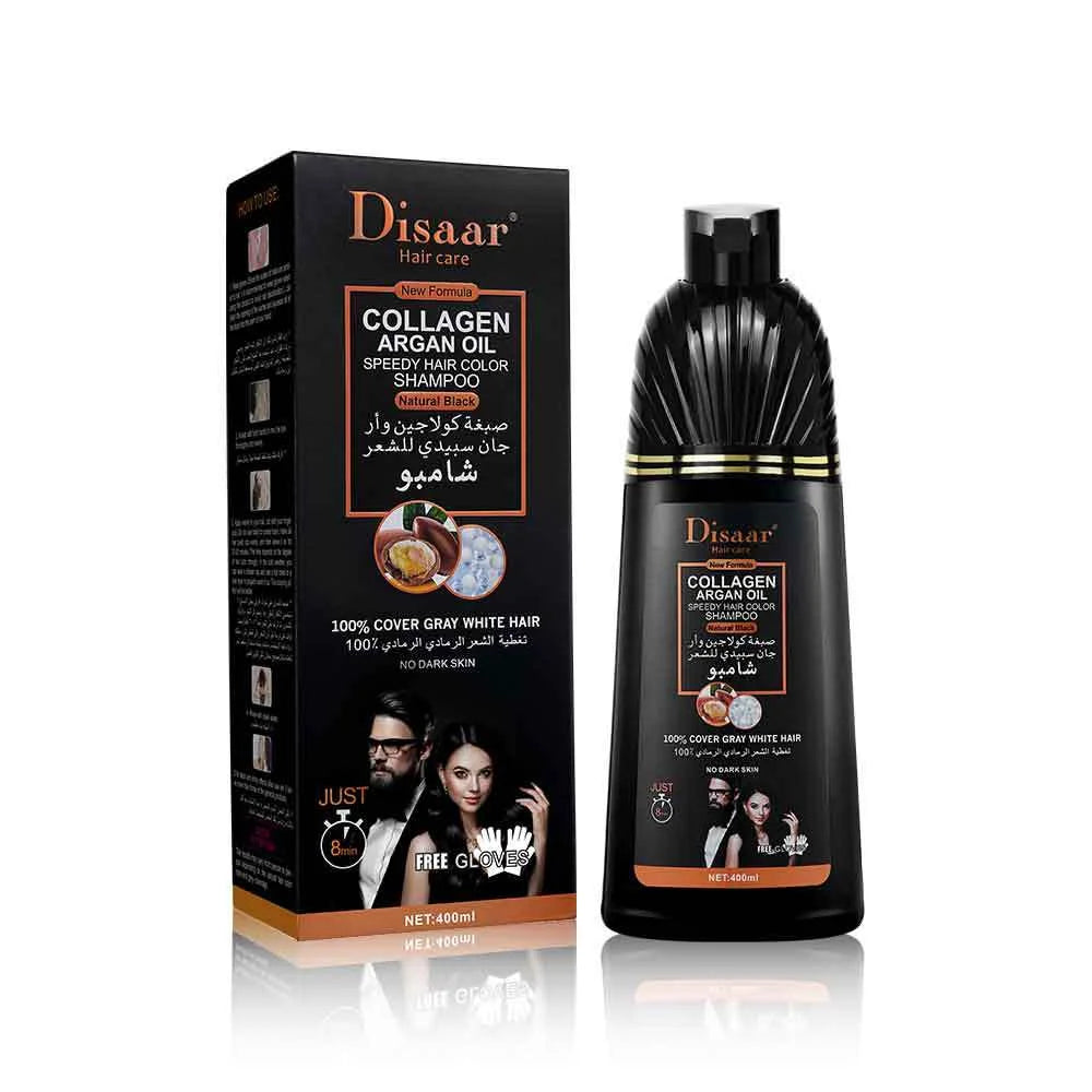 3-in-1 Collagen Argan Oil Shampoo Long-Lasting Black Hair Dye Shampoo for Men Women Nourishes Colors Gray Hair, 400ml Formula
