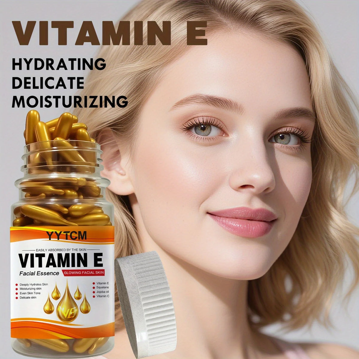Vitamin E Deep Moisturizing Capsule Essence, hydrates and smooths the skin, contains plant squalane, vitamin C, and deep moisturizing and brightening skin essence (0.4g x 90 capsules)/bottle - 1 bottle
