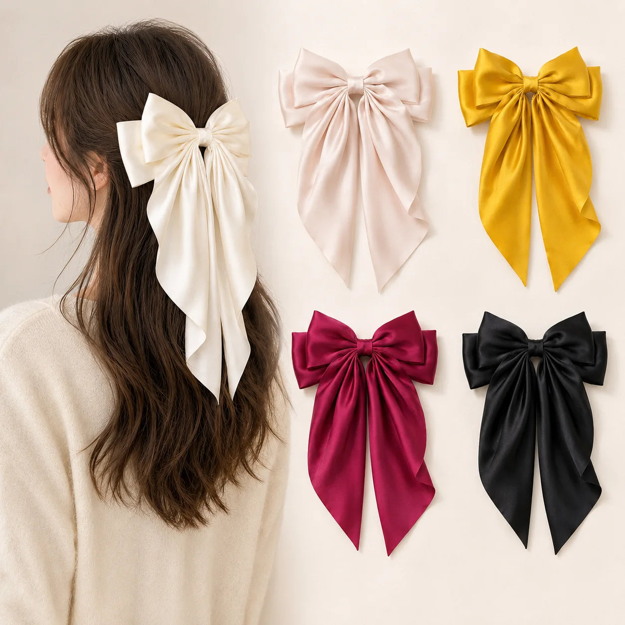 Large Satin Bow Hair Clip Women Korean Style Ribbons Bowknot Spring Clip Non Slip Hair Accessories for Girls Party Clamp Femme