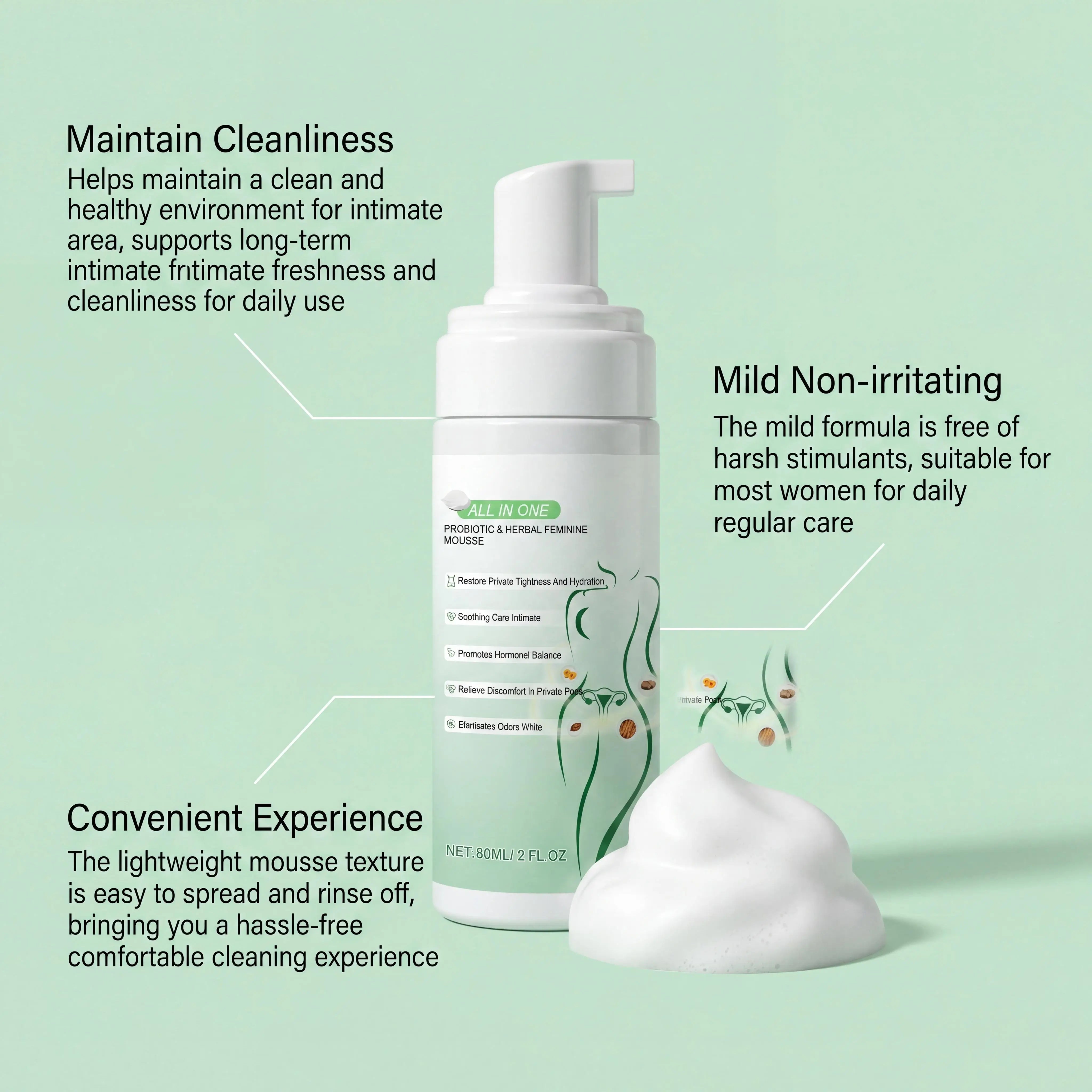 Herbal Women Private Part Care Hygiene Cleansing Mousse PH Balanced Relieve Local Discomfort Remove Odor Daily lasting Protect